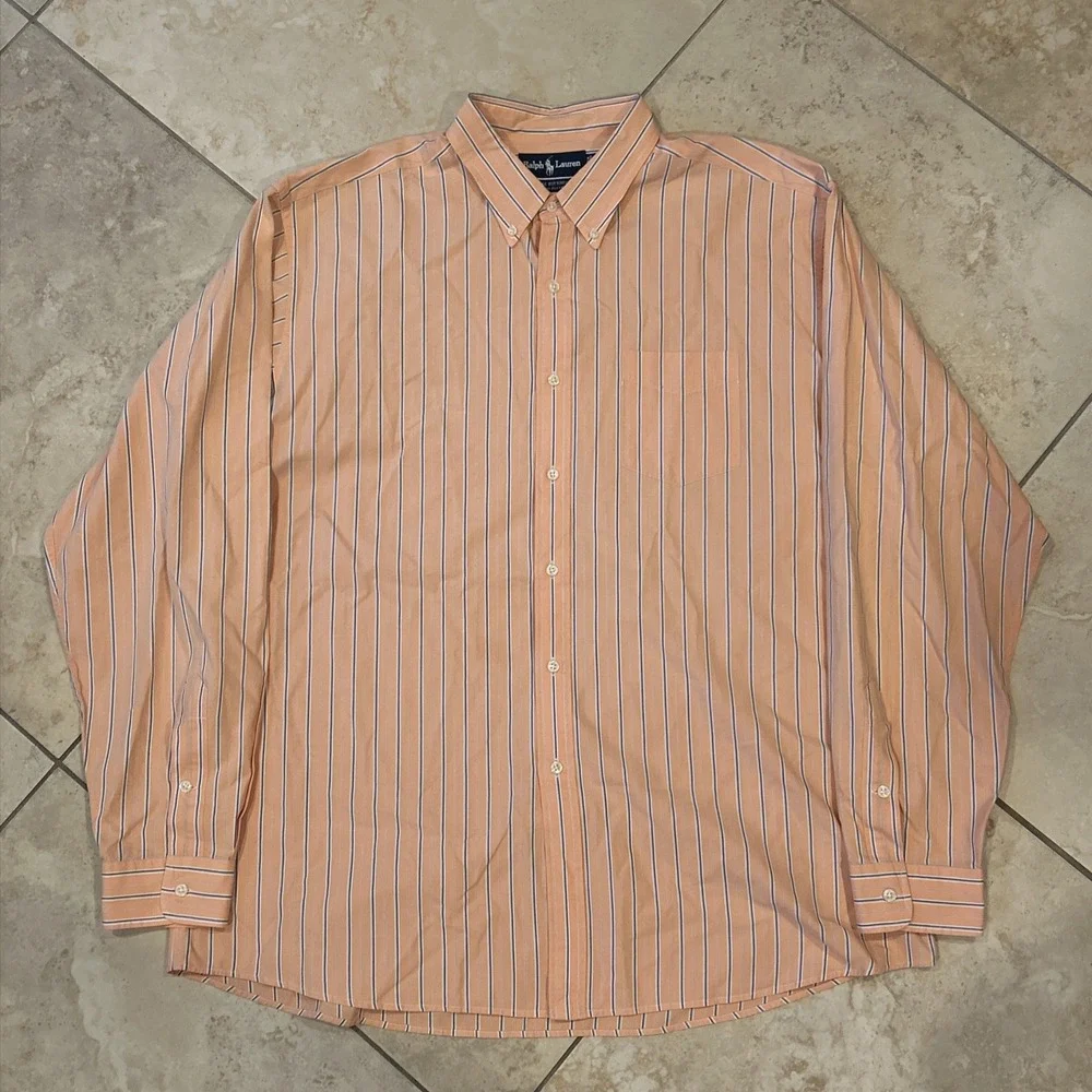 Ralph‎ Lauren Vintage Buttondown Men XL Orange Two-Ply Cotton Long Sleeve Shirt